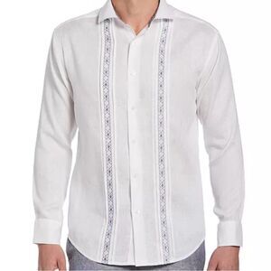 Cubavera White Linen Button Down Shirt with Geo-Embroidered Pintucked Panels